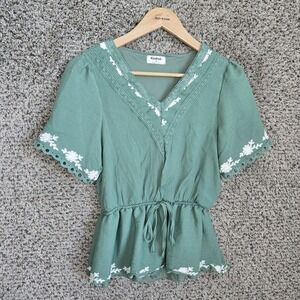 Kindred Top Womens Medium Blue V Neck Embroidered Blouse Waist Tie Casual Ladies